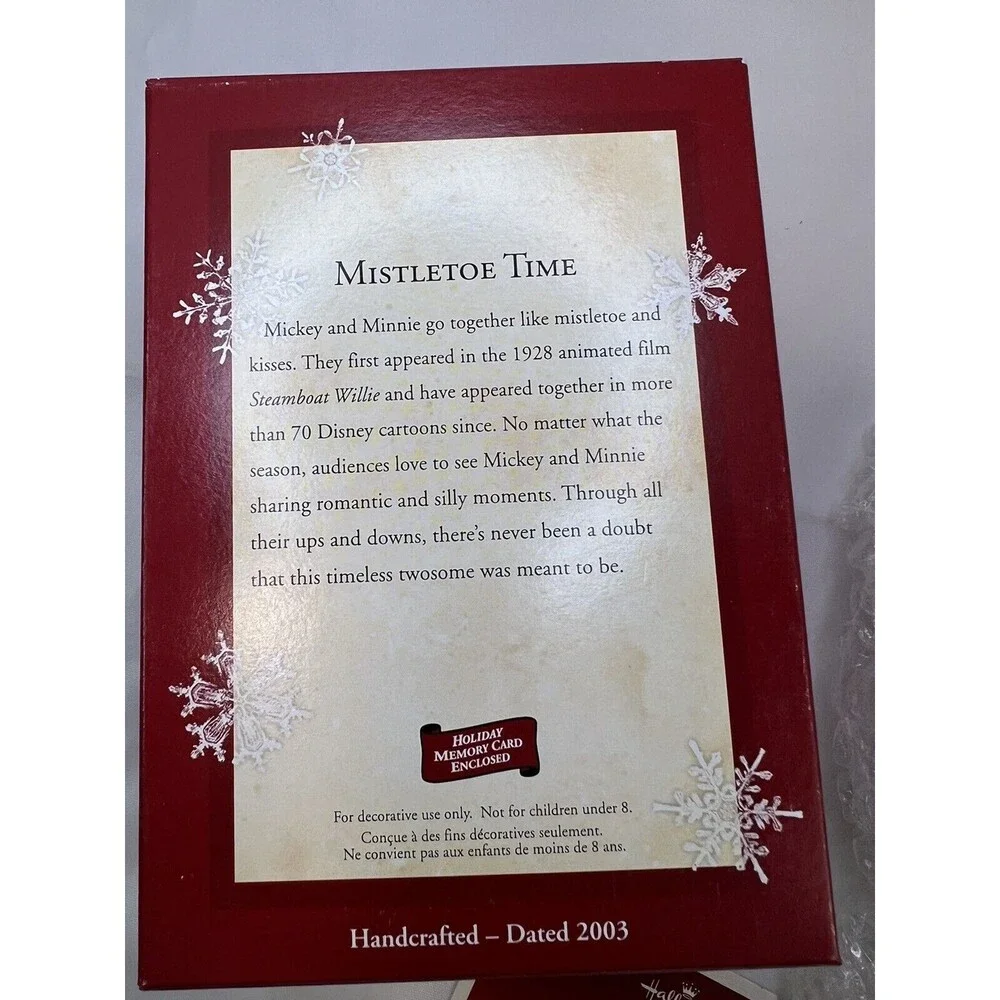 2003 HALLMARK KEEPSAKE ORNAMENT MISTLETOE TIME DISNEY MICKEY & MINNIE MOUSE Love